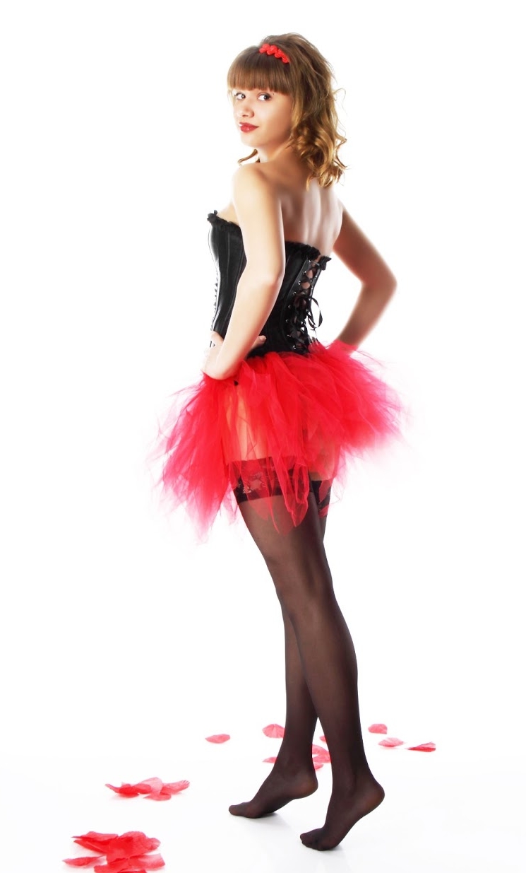 Blonde Teen Lolita wearing Black Sheer Stockings and Red Tulle Miniskirt